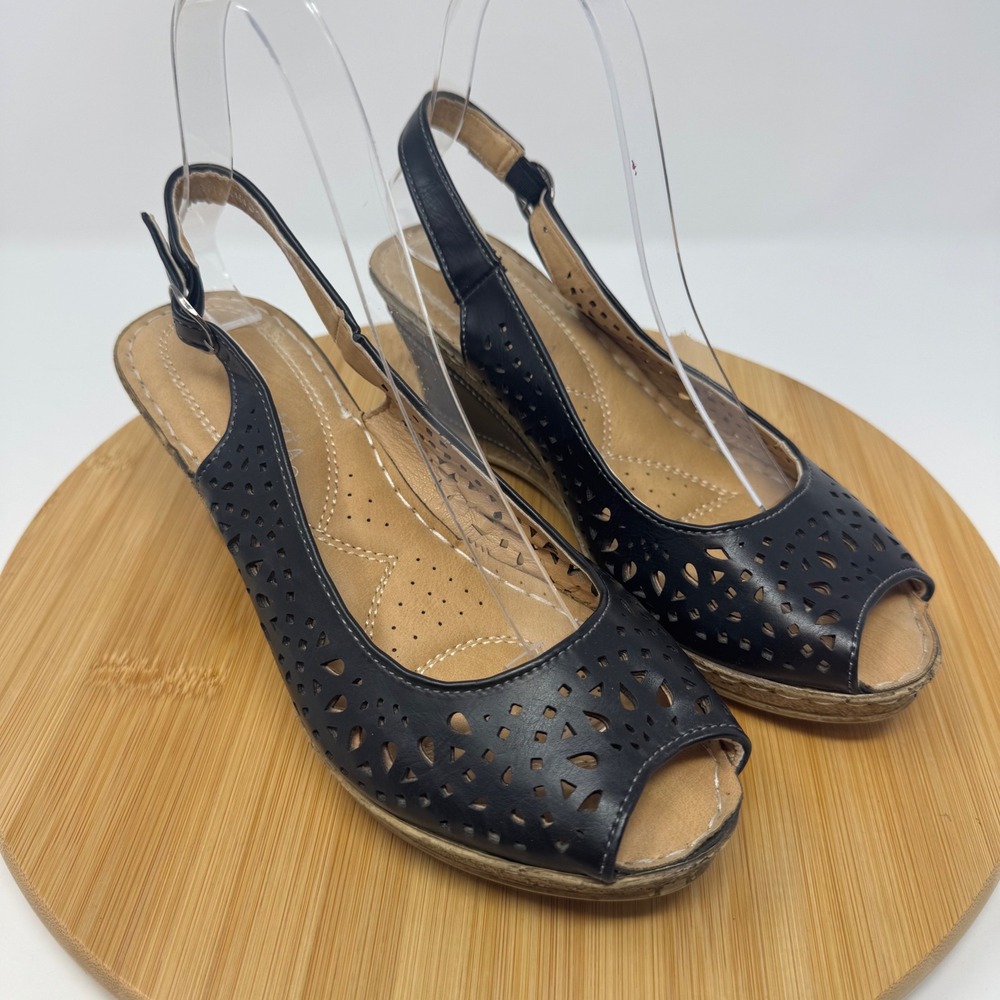 Patrizia Wedge Sandals Women 39 Black Laser Cut Peep Toe Slingback SHANINQUA